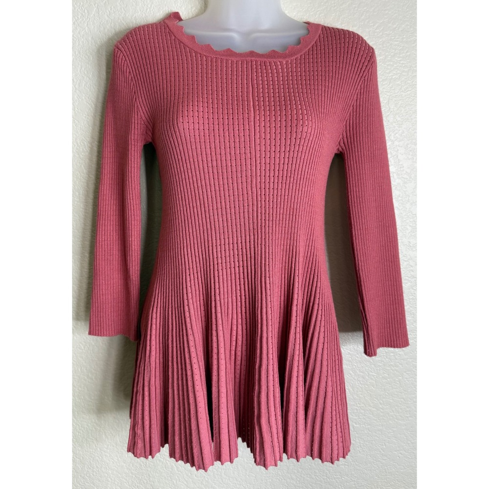 Chelsea & Theodore Women S Pink Knit Top Scalloped Neck Peplum Ribbed 3/4 Sleeve
